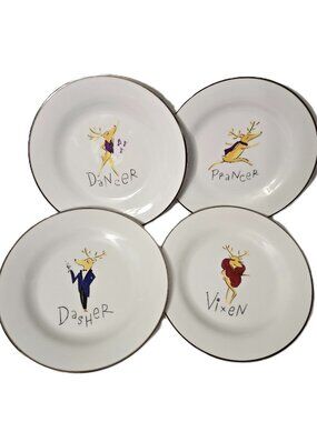 4 Pottery Barn Reindeer Salad Plates Christmas Dasher Dancer Prancer Vixen 8.5"